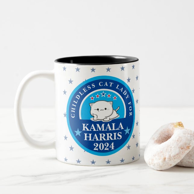 Childless Cat Lady for Kamala Harris Two-Tone Coffee Mug (With Donut)