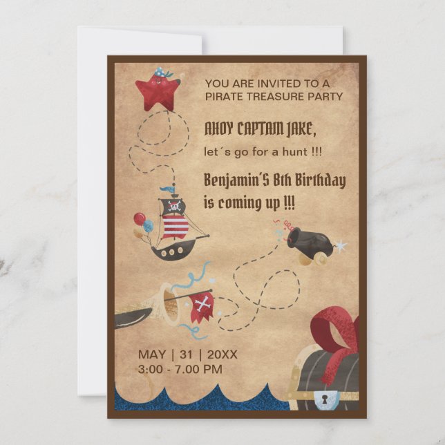 children ahoy pirate treasure hunt birthday  invitation (Front)