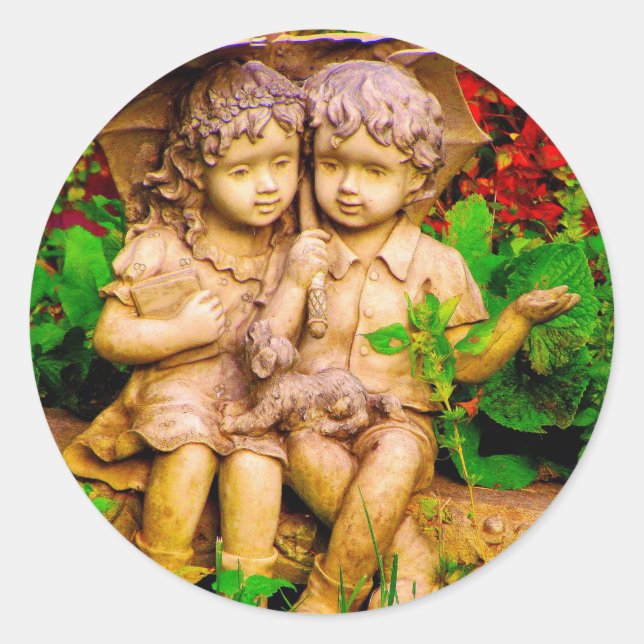 Children and a Puppy share an Umbrella in the Rain Classic Round Sticker (Front)