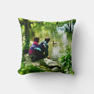 Children and Ducks in Park Throw Pillow
