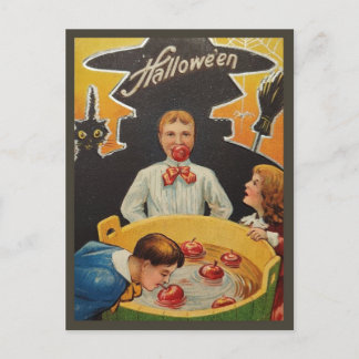 Children Apple Bobbing - Vintage Halloween Postcard
