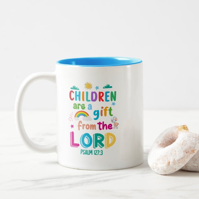 "Children Are a Gift" - Made-To-Order Blue  Two-Tone Coffee Mug (With Donut)