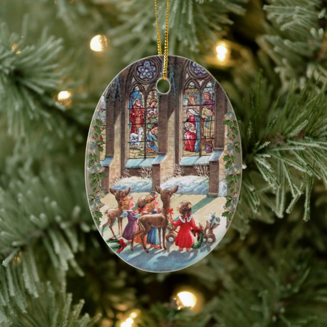 Children at the Church Window Christmas Ceramic Ornament (Tree)