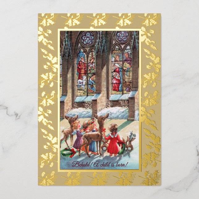 Children at the Church Window Foil Christmas Card (Front)