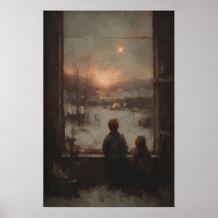 Children At Window With Sunset, Rustic Farmhouse Poster
