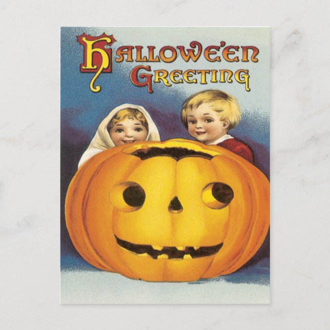 Children Behind A Pumpkin Vintage Postcard (Front)