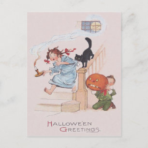 Children Black Cat Jack O Lantern Full Moon Postcard