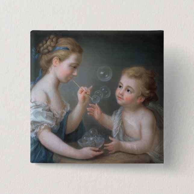 Children blowing bubbles 2 inch square button (Front)
