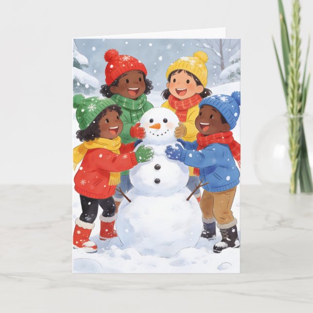 Children build a snowman holiday card (Front)