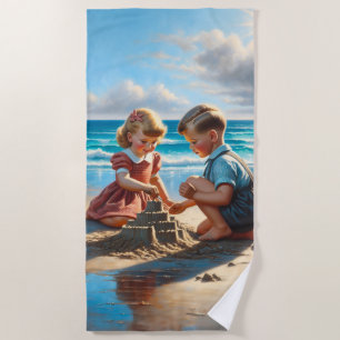 Children Building a Sandcastle on the Beach Beach Towel