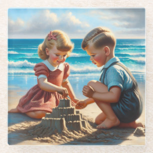Children Building a Sandcastle on the Beach  Glass Coaster