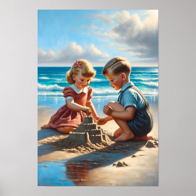 Children Building a Sandcastle on the Beach  Poster (Front)