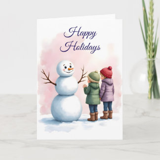 Children Building Snowman Winter Scene Blank Card