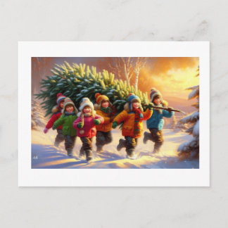 Children Carrying Christmas Tree,  Postcard
