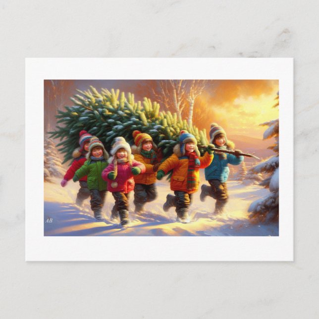 Children Carrying Christmas Tree,  Postcard (Front)