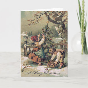 Children Decorating Christmas Tree Snow Holiday Card