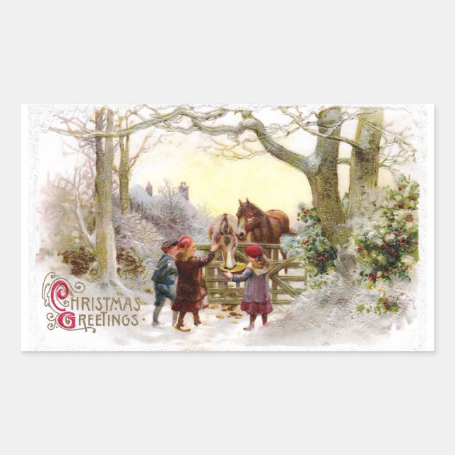 Children Feeding Horses Antique Christmas Sticker (Front)