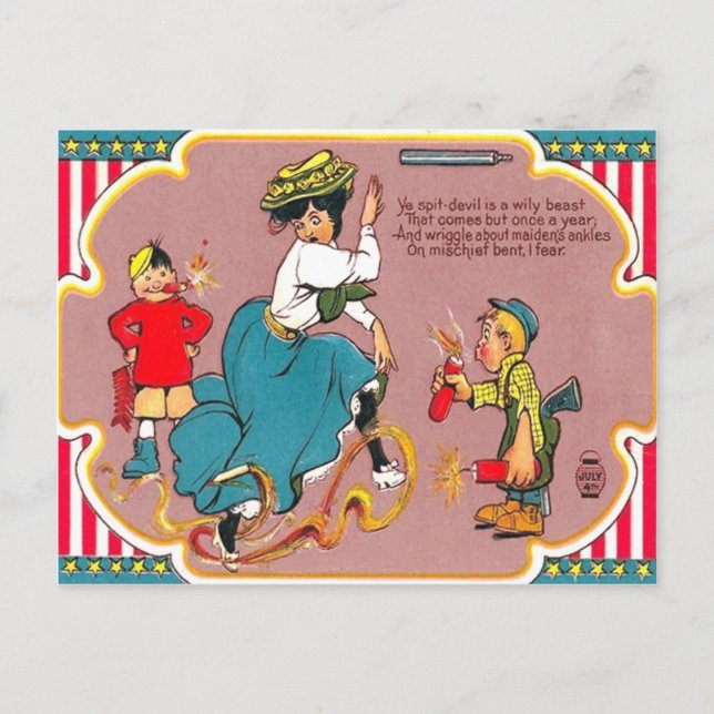 Children Fireworks Prank Woman Postcard (Front)