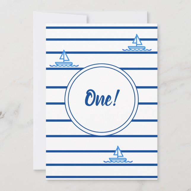 Children First Birthday Blue Stripes Sail Boat  Invitation (Front)