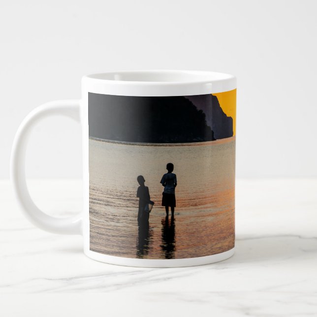 Children Fishing At Sunset Large Coffee Mug (Left)