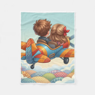 Children Flying In A Small Colourful Airplane Flee Fleece Blanket