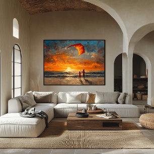 Children Flying Kite at Sunset - Vibrant Beach Poster