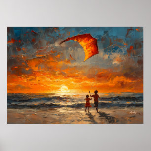 Children Flying Kite at Sunset - Vibrant Beach Poster