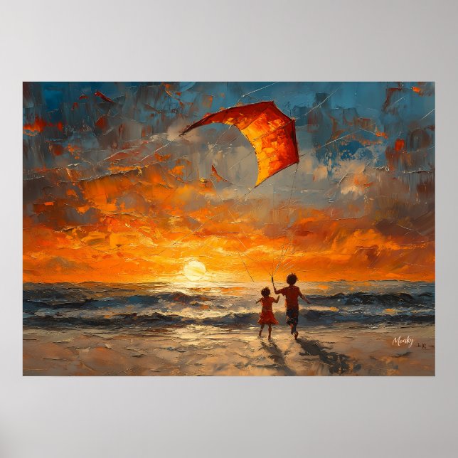 Children Flying Kite at Sunset - Vibrant Beach Poster (Front)