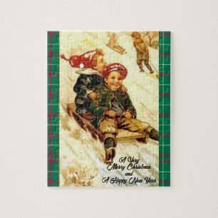 Children Fun Sledding Vintage Look Merry Christmas Jigsaw Puzzle