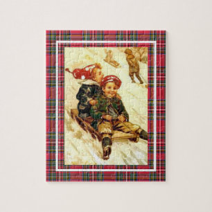 Children Fun Sledding Vintage Winter Scene Plaid Jigsaw Puzzle