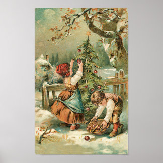 Children Gather Christmas Apples Poster