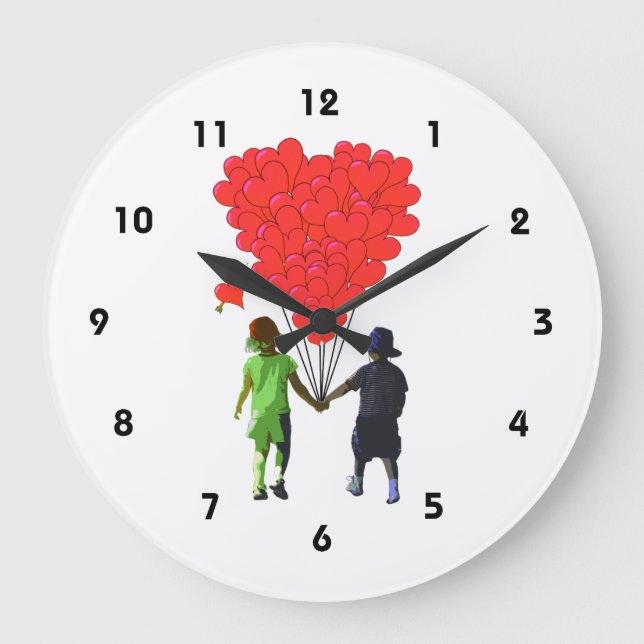 Children holding hands and heart balloons large clock (Front)