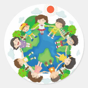 Children holding hands around the earth classic round sticker