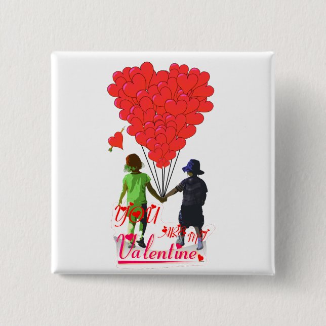 Children holding hands & heart shaped balloons 2 inch square button (Front)