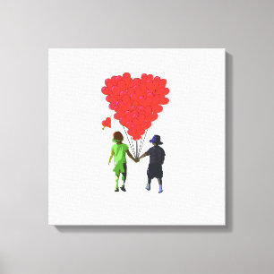 Children holding hands & heart shaped balloons canvas print