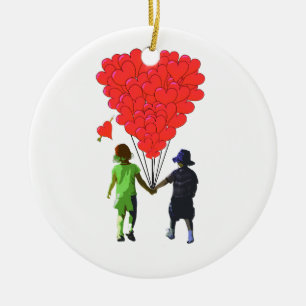 Children holding hands & heart shaped balloons ceramic ornament
