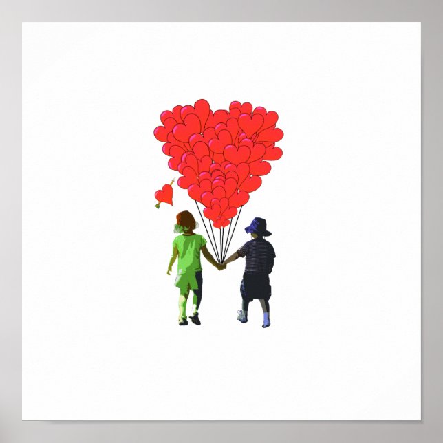 Children holding hands & heart shaped balloons poster (Front)