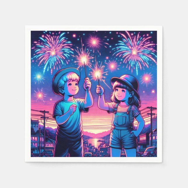 Children Holding up Fireworks on July 4th Napkin (Front)