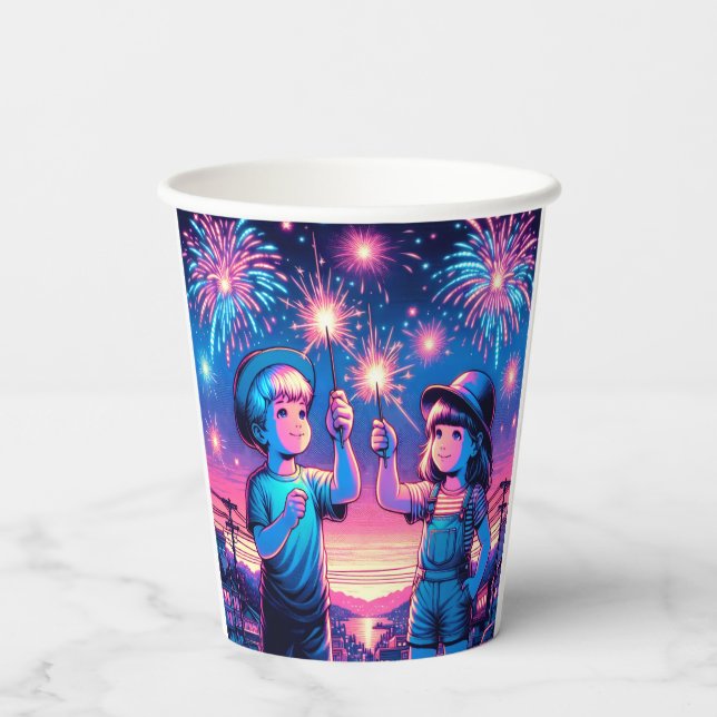 Children Holding up Fireworks on July 4th Paper Cups (Back)
