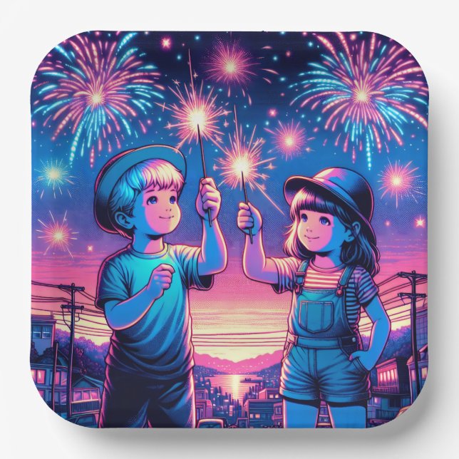 Children Holding up Fireworks on July 4th Paper Plate (Front)