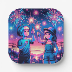 Children Holding up Fireworks on July 4th Paper Plate