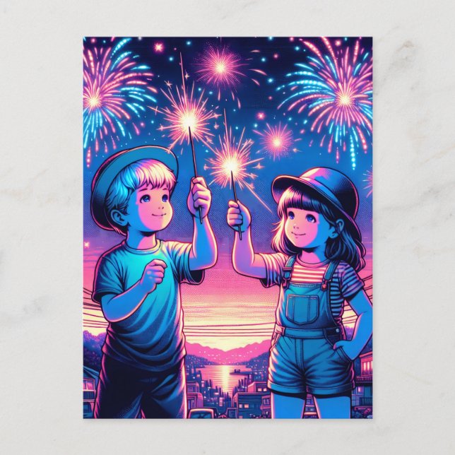 Children Holding up Fireworks on July 4th Postcard (Front)