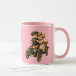 Children in an old car on a vintage pink backgroun mug