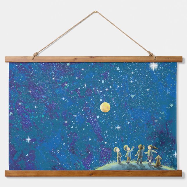 Children Looking At Night Sky Hanging Tapestry (Front)
