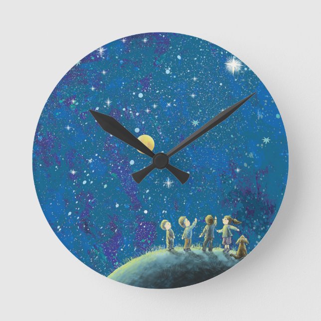 Children Looking At Night Sky   Round Clock (Front)