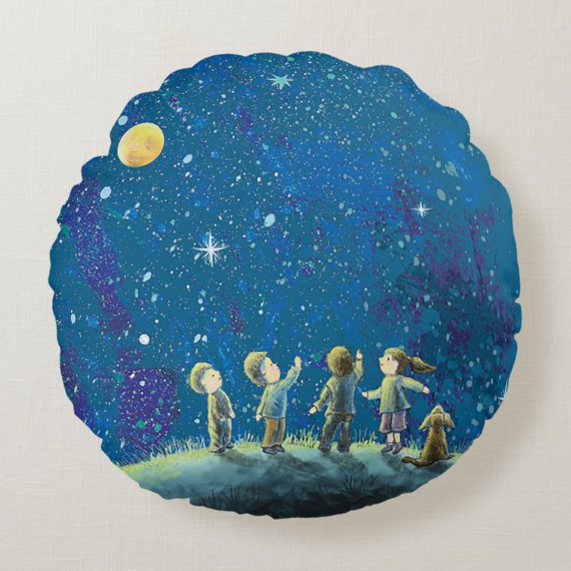 Children Looking At Night Sky  Round Pillow (Front)