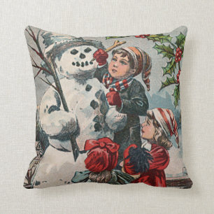 Children Making Snowman Holly Throw Pillow