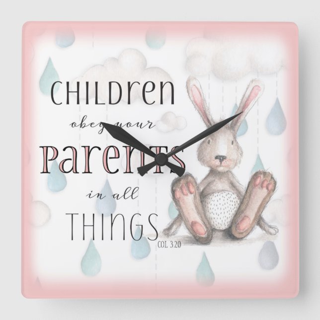 Children Obey Your Parents-Col 3:20 Pink Square Wall Clock (Front)
