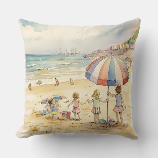 Children On A Sandy Beach Throw Pillow