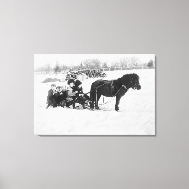 Children on Pony Drawn Sled Photograph Canvas Print (Front)